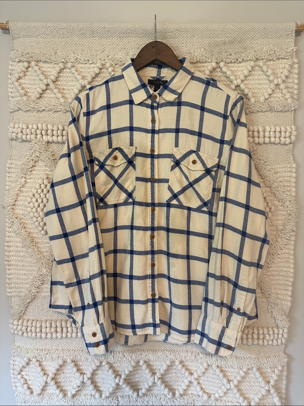 J. Crew Cream and Blue Windowpane Button-Down Shirt